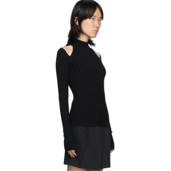 NWT Helmut Lang | Cutout Pullover Mock Neck Cold Shoulder Black Top Size S - Picture 2 of 10